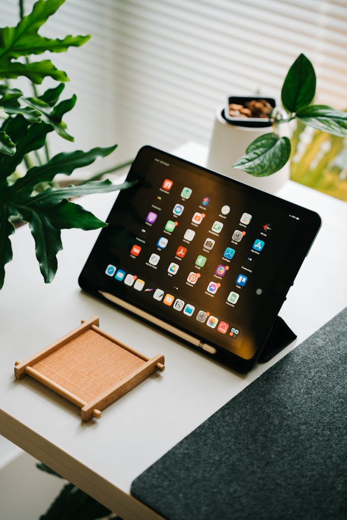 Tablet on a desk surrounded by plants in a modern workspace setting.